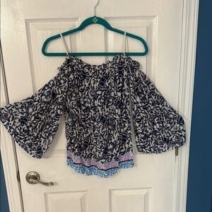 Lilly Pulitzer White and Blue Smocked Ruffled Blouse